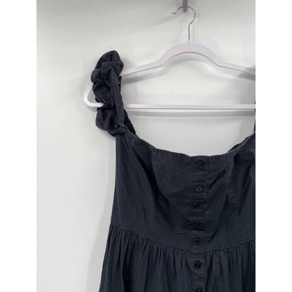 Staud Elio Solid Black Off Shoulder Tiered Button Front Short Sleeve Midi Dress - Picture 3 of 6